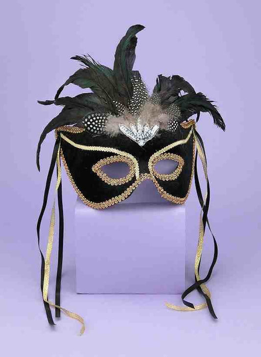 Carnival Style Half Mask w/ Black Feathers: Black
