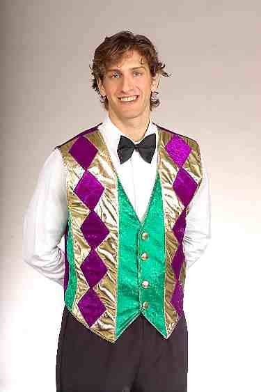 A man wearing a Mardi Gras themed vest.