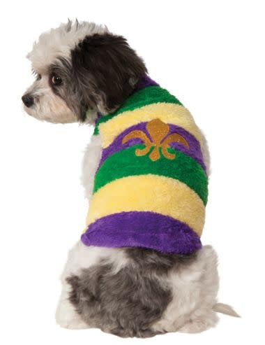 A soft plush Mardi Gras themed pet sweater.