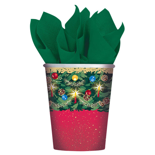 A close up of the 9 oz Christmas cups called the warmth of Christmas.