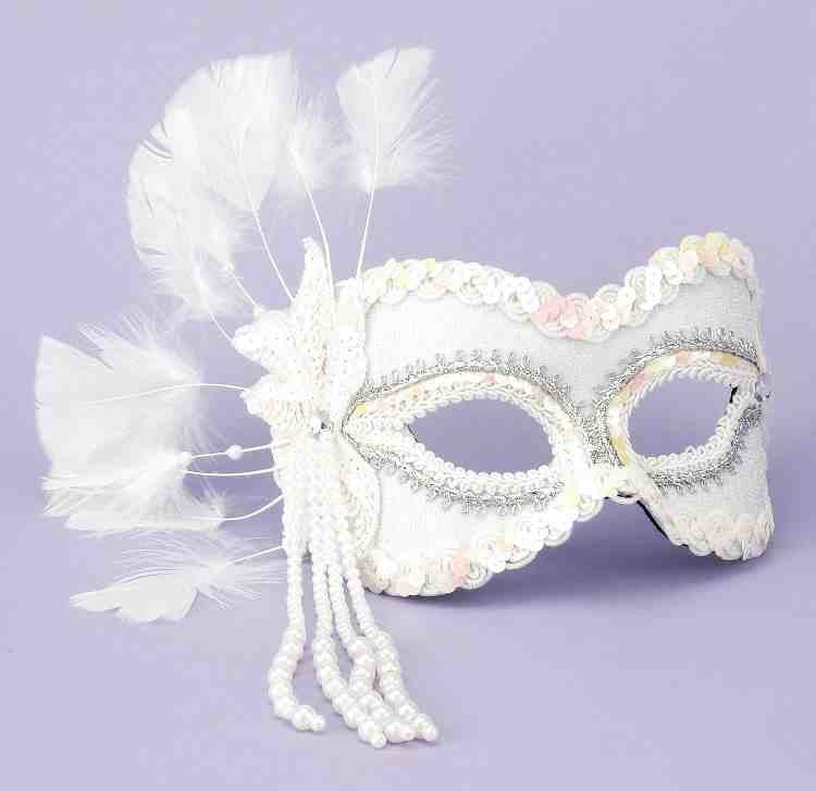 Venetian Half Mask w/ Beads & Feathers: White (MJ-757)