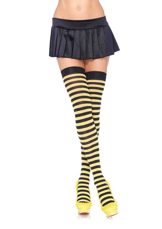 Striped Nylon Thigh Highs - Black/Yellow