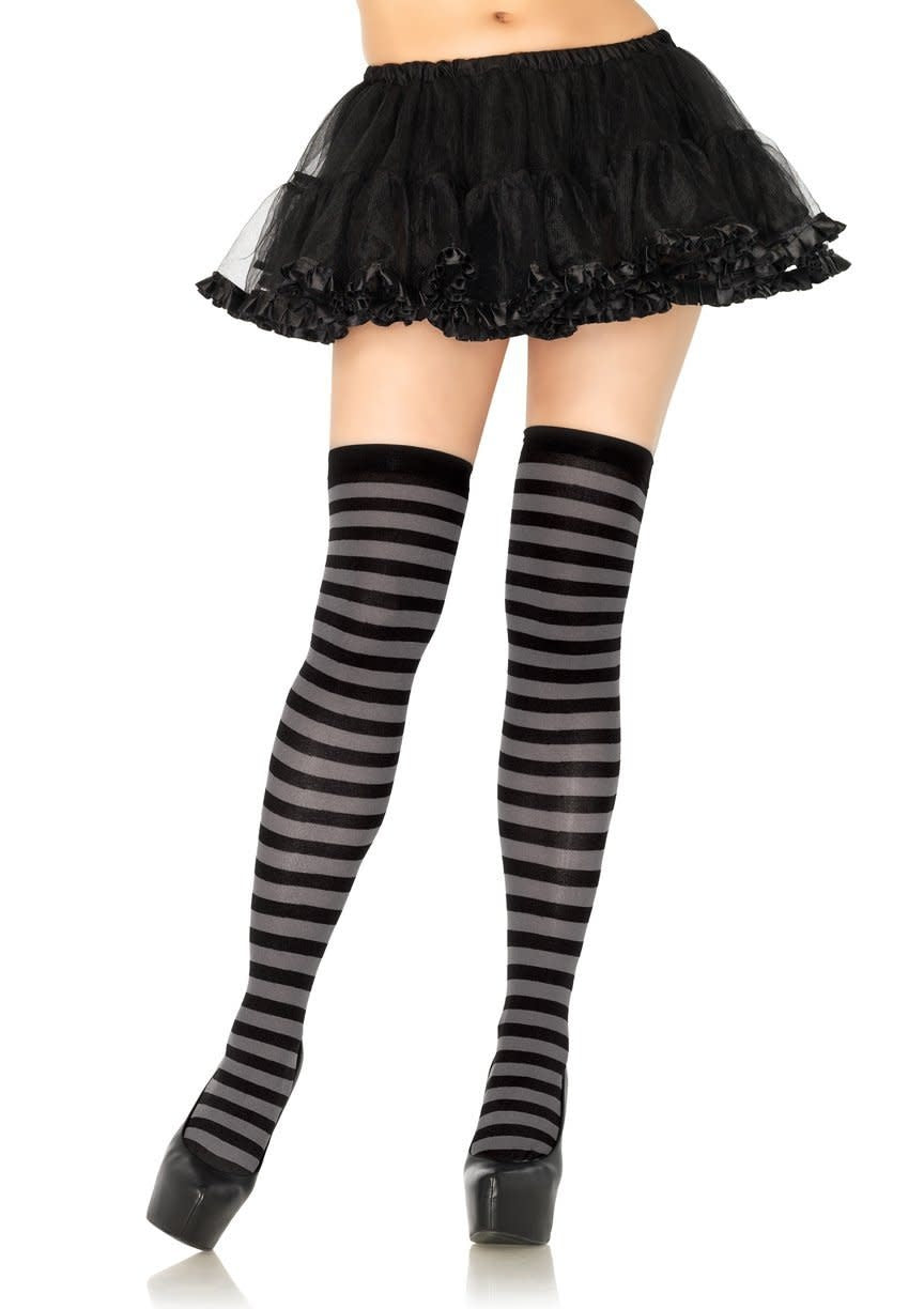 Striped Nylon Thigh Highs - Black/Gray