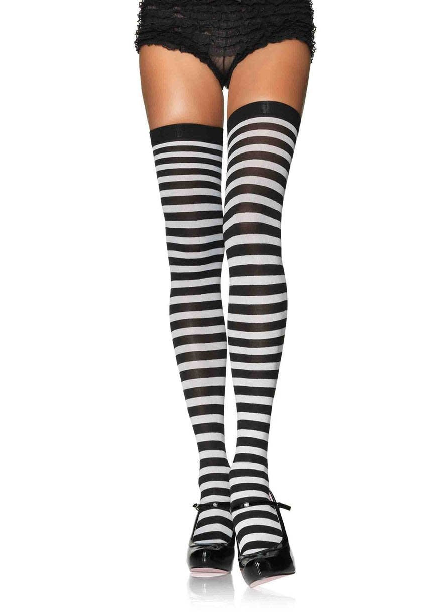 Plus Size: Nylon Striped Stockings - Black/White (1X/2X)