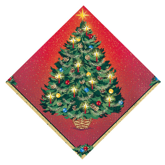 A close up of the Christmas napkins, warmth of Christmas with a big Christmas tree with lights and ornaments.