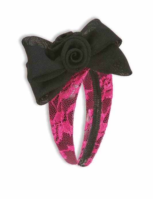 80's Lace Headband with Bow: Neon Pink