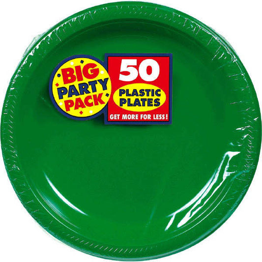 A 50 count of green plastic plates.