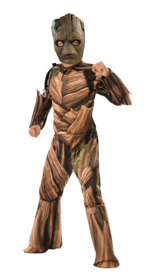 A boy wearing a Groot kids costume.