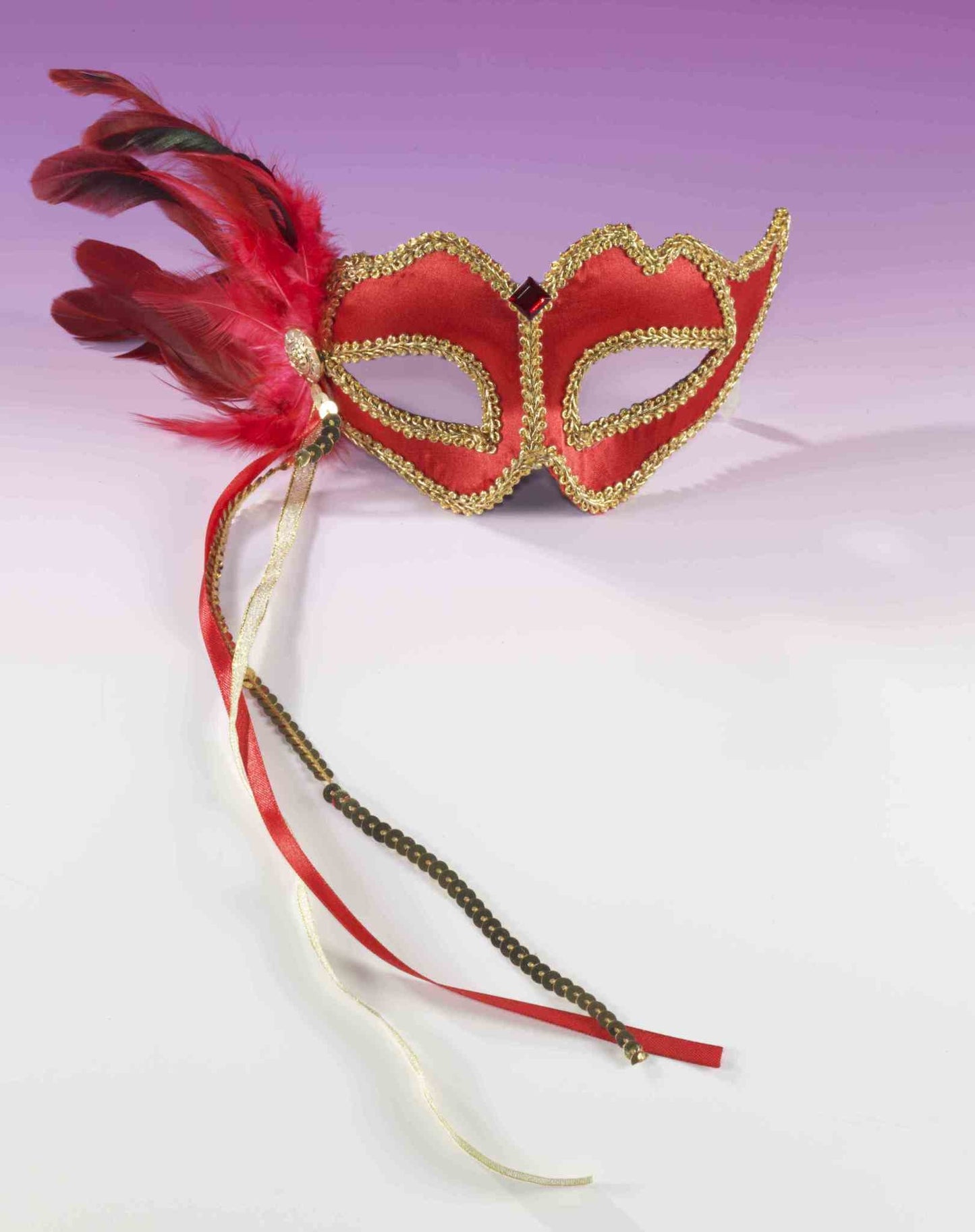 Venetian Half Mask w/ Feathers: Red (SRF008)