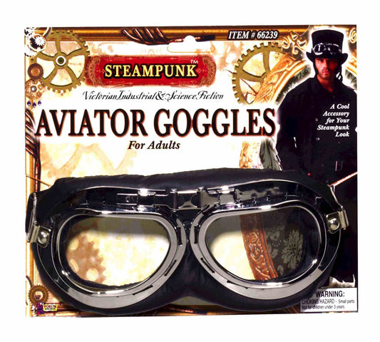 Steampunk Aviator Goggles: Black/Silver