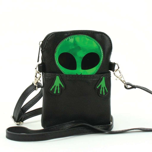 Crossbody Pouch Bag: Peeking Alien - Green