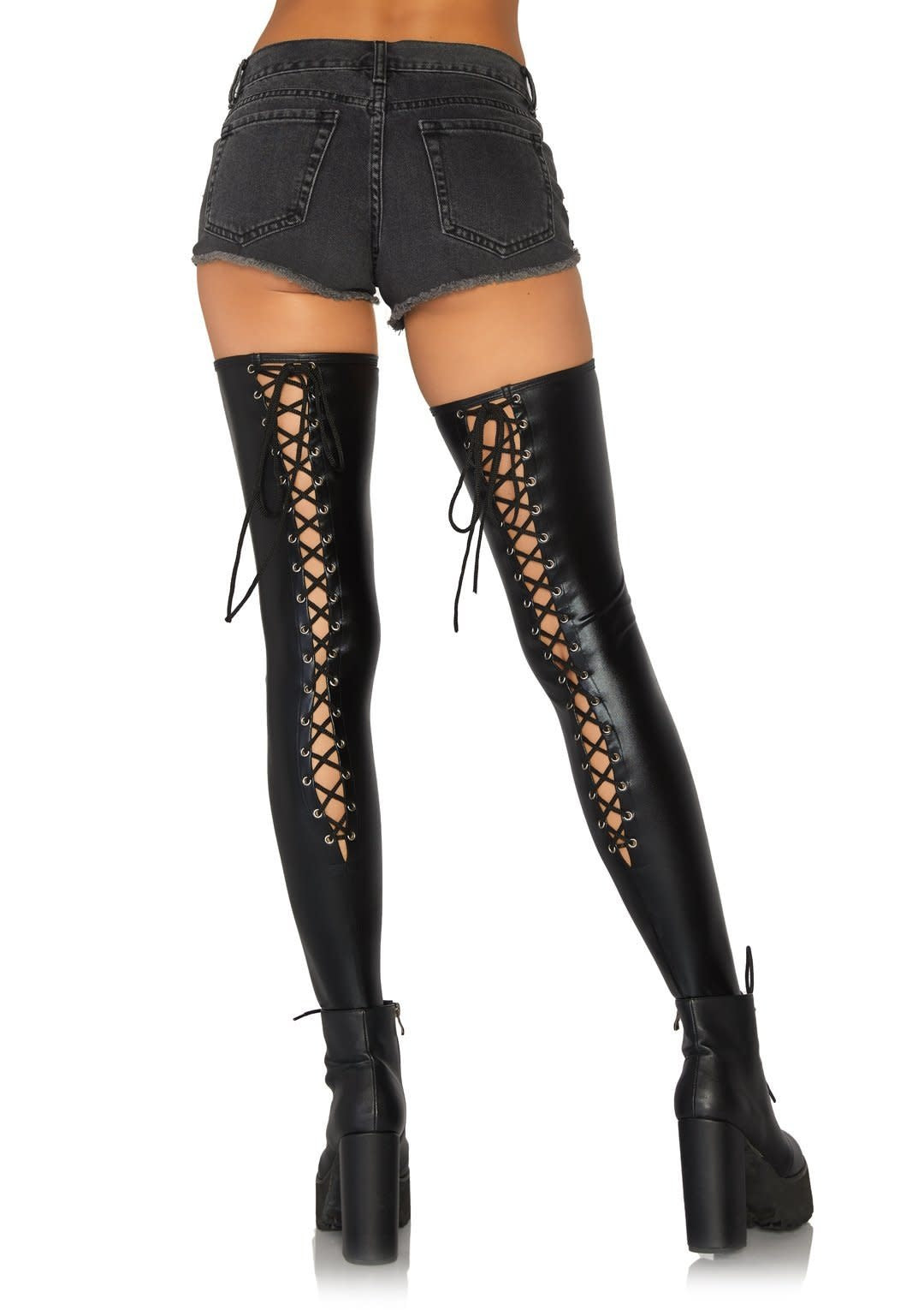 Footless Lace-Up Thigh Highs: Black