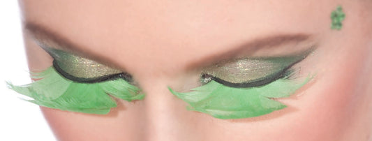 St. Patrick's Day green feather eyelashes on a woman.