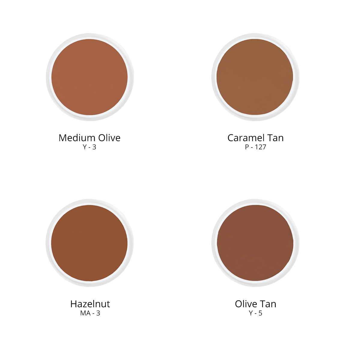 Ben Nye creme foundation in 4 shades: Medium Olive Y - 3, Caramel Tan P - 127, Hazelnut MA - 3, and Olive Tan Y - 5.
