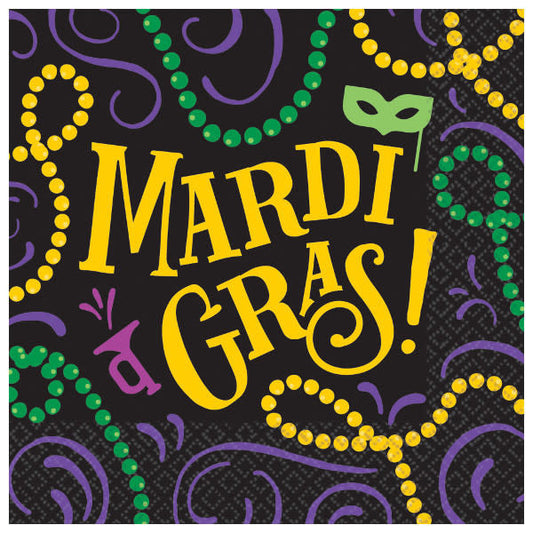 Mardi Gras themed beverage napkins that say Mardi Gras.
