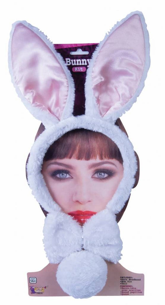 A dress up kit for a white bunny with ears and a tail.