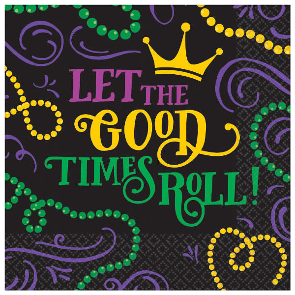 Mardi Gras themed napkins that say let the good times roll.