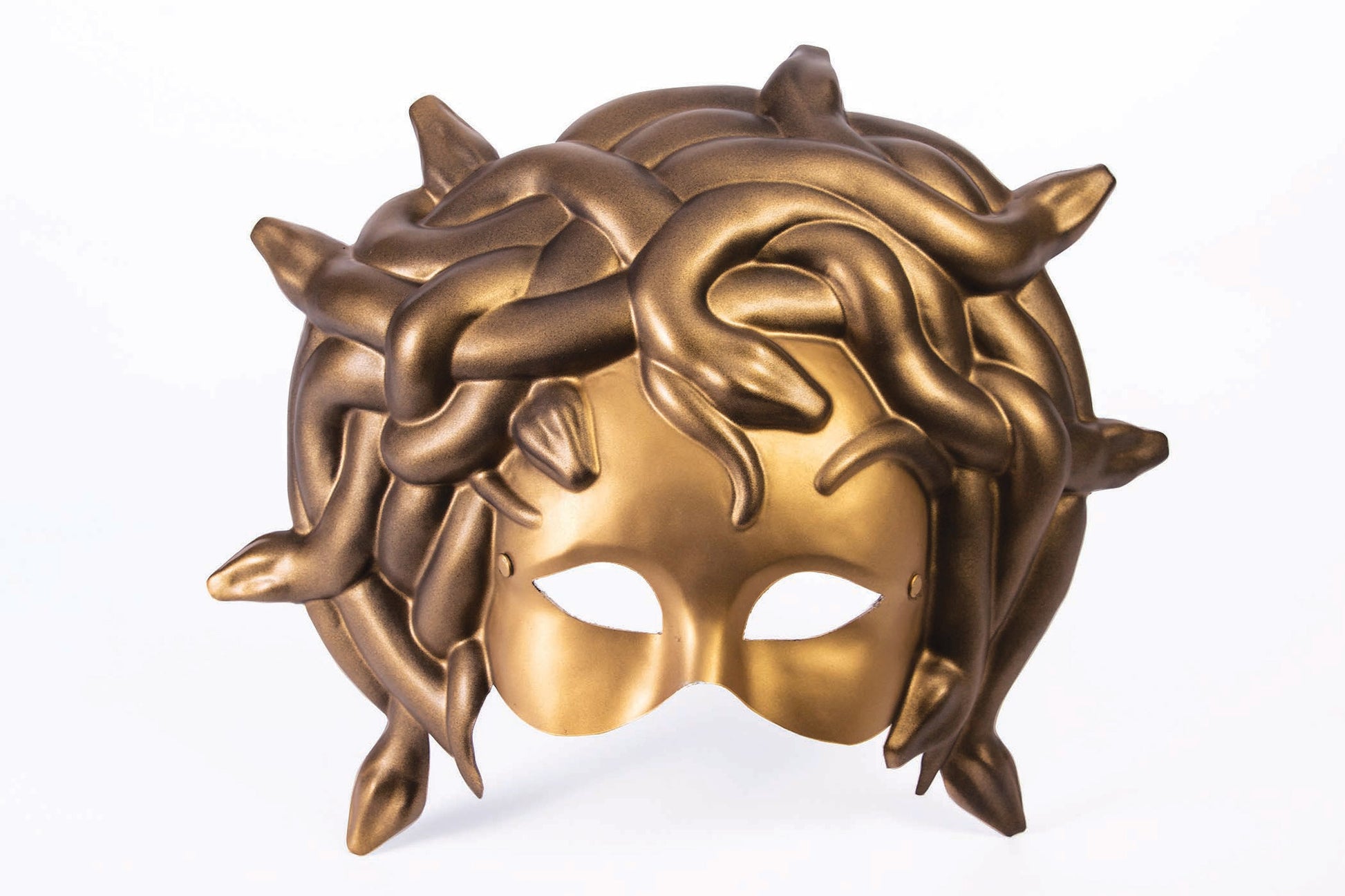 A gold Medusa themed masquerade mask.