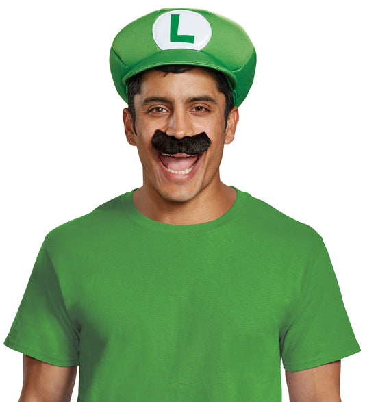 A man wearing a luigi hat and mustache from Super Mario Bros.