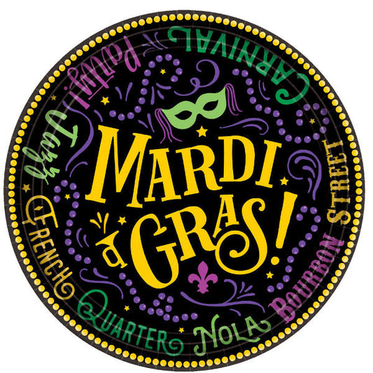 7" Mardi Gras themed plastic plates.