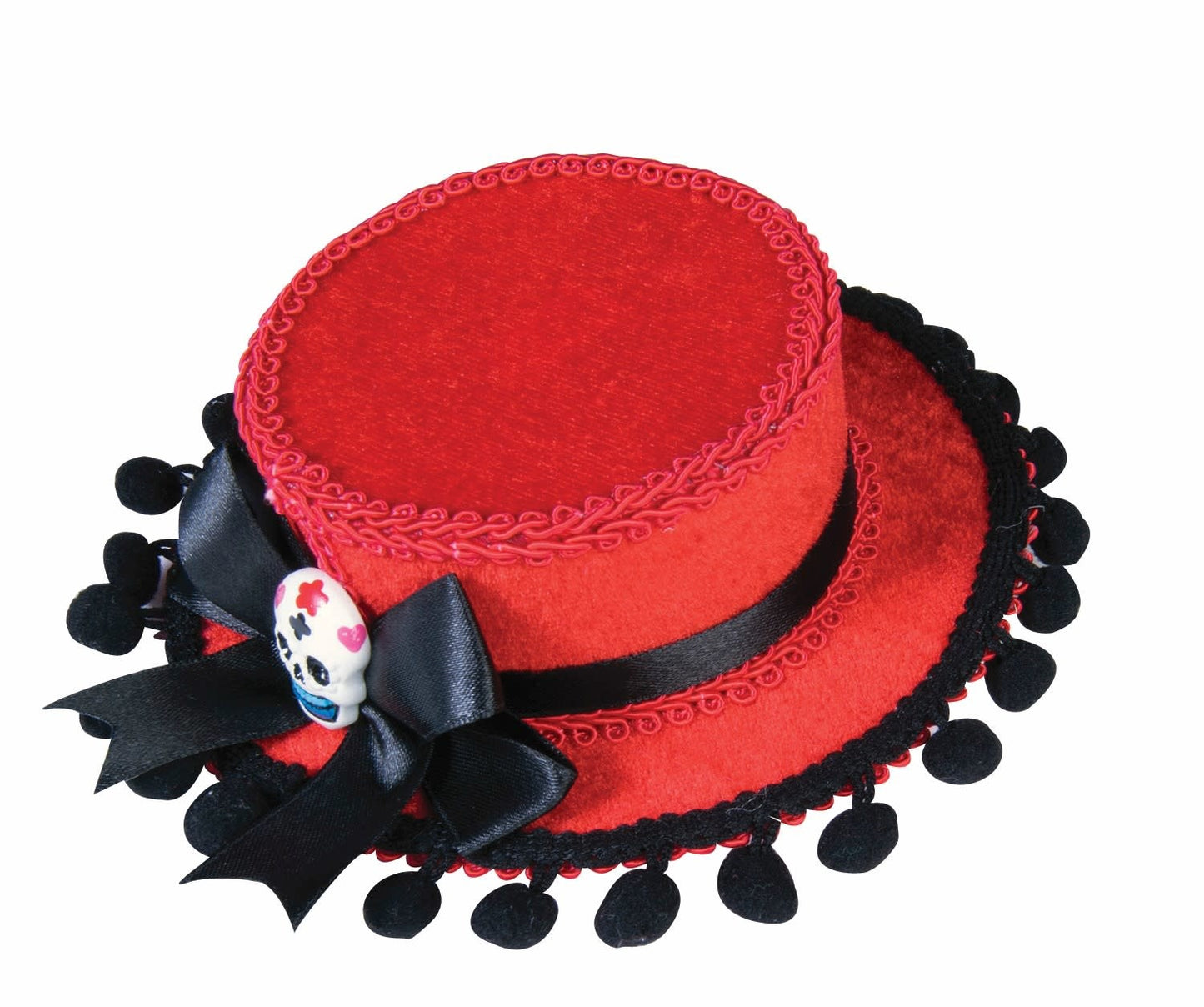 Day of the Dead Mini Hat w/ Poms - Red/Black
