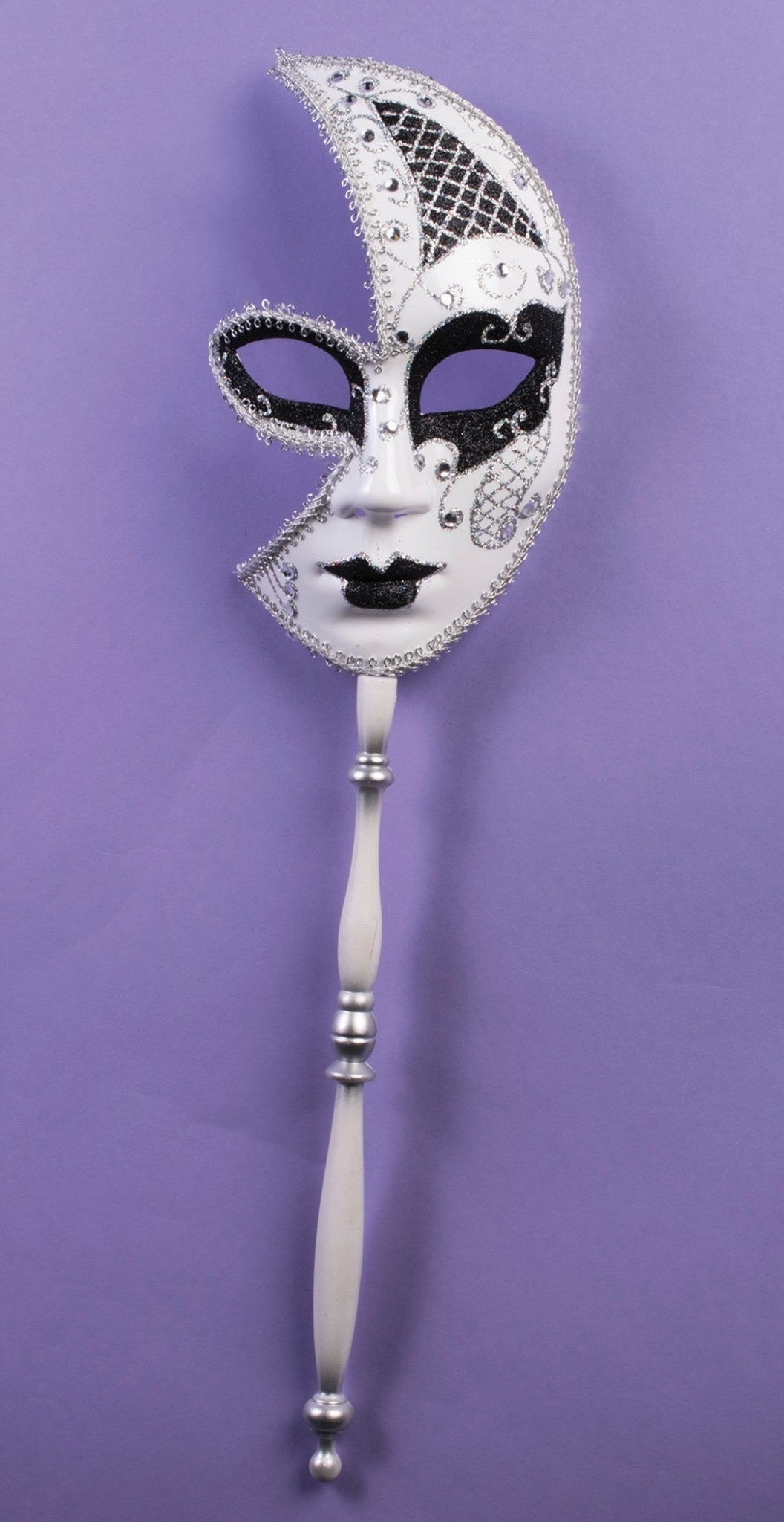 Venetian Half Mask w/ Stick: Silver/Black