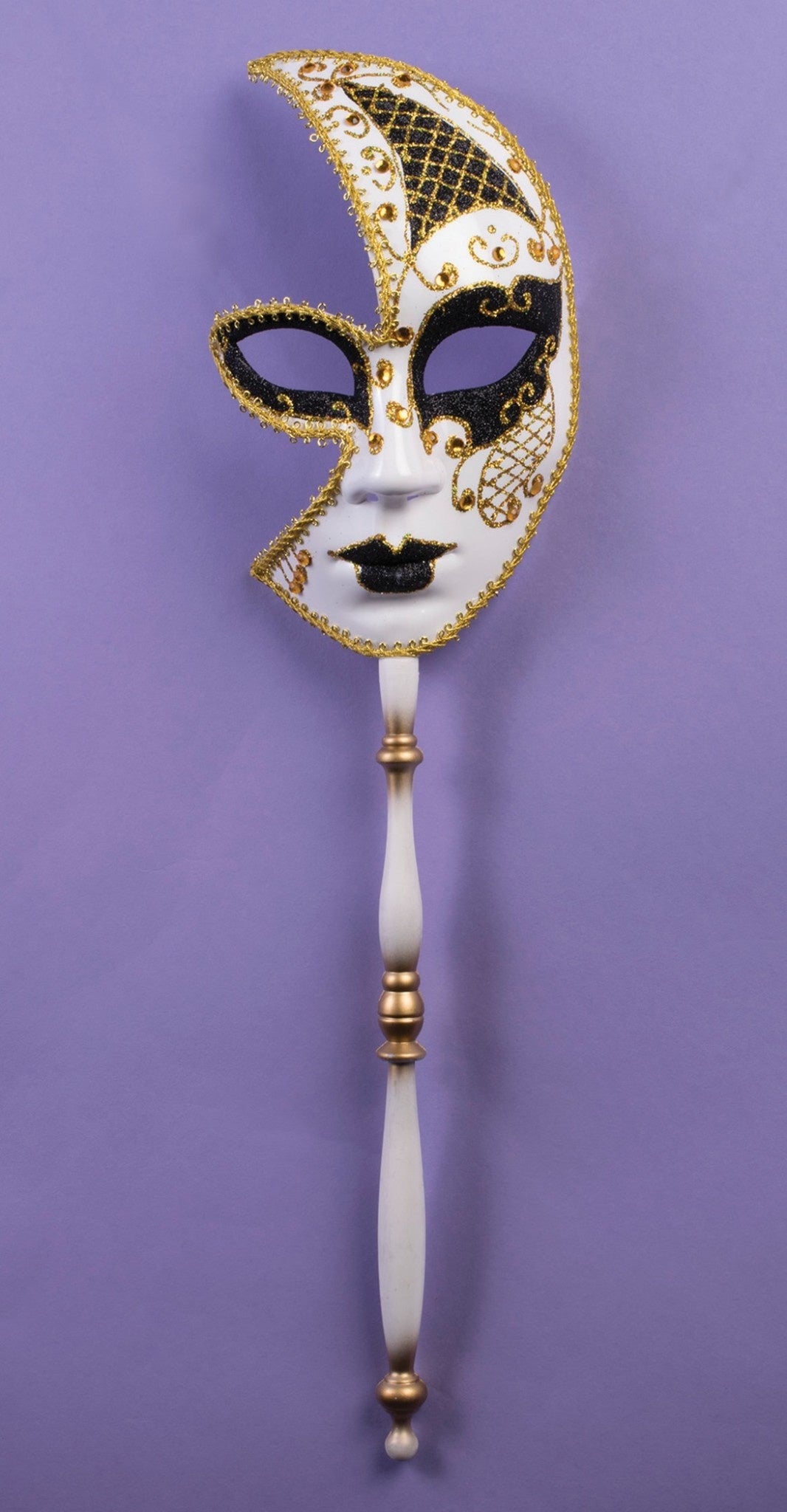 Venetian Half Mask w/ Stick: White/Gold