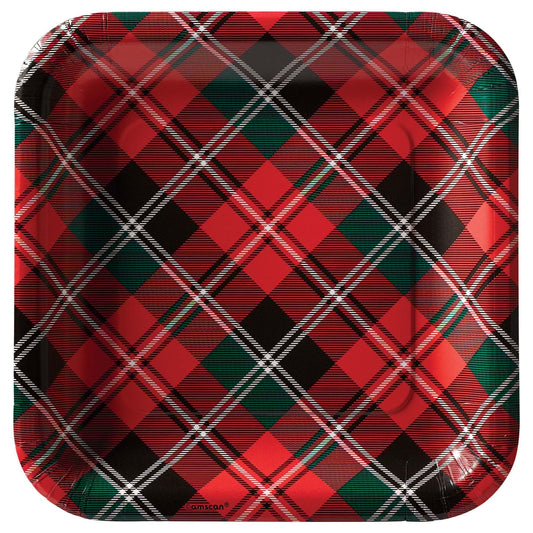 A close up of the 9' holiday plaid square Christmas plates.