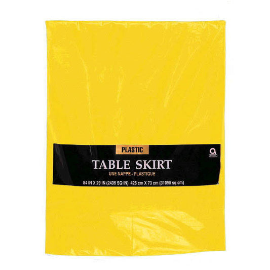 A yellow plastic table skirt