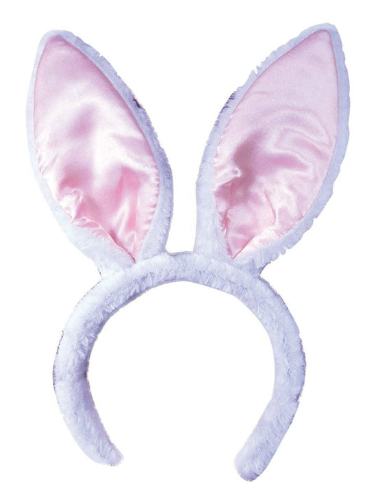 A close up of the plush white Easter Bunny ears that sit on a headband.