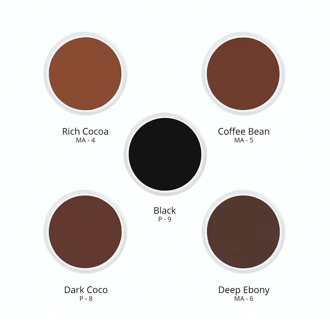 Ben Nye creme foundation in 4 shades: Rich Cocoa MA -4, Coffee Bean MA - 5, Black P - 9, Dark Coco P - 8, and Deep Ebony MA - 6.