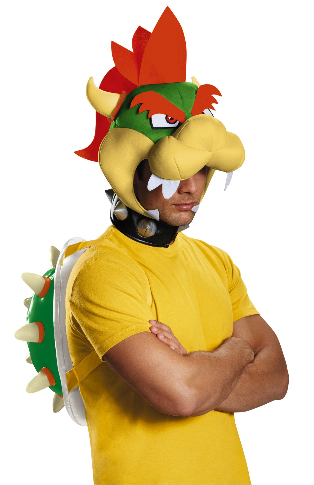 A man wearing an adult Bowser costume from Super Mario Brothers.