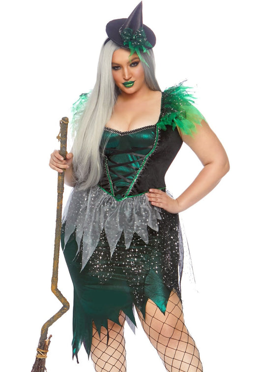 A woman wearing a plus size wicked witch costume. 