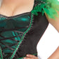 A close up of the front of a green and black plus size witch costume.