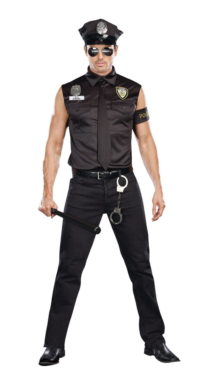 A man wearing a dirty cop costume.