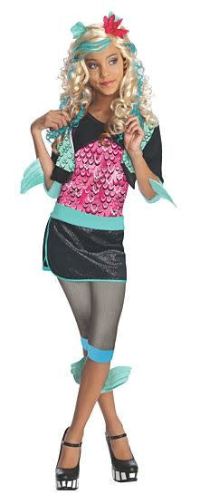 A girl wearing a Lagoona blue Monster High costume.