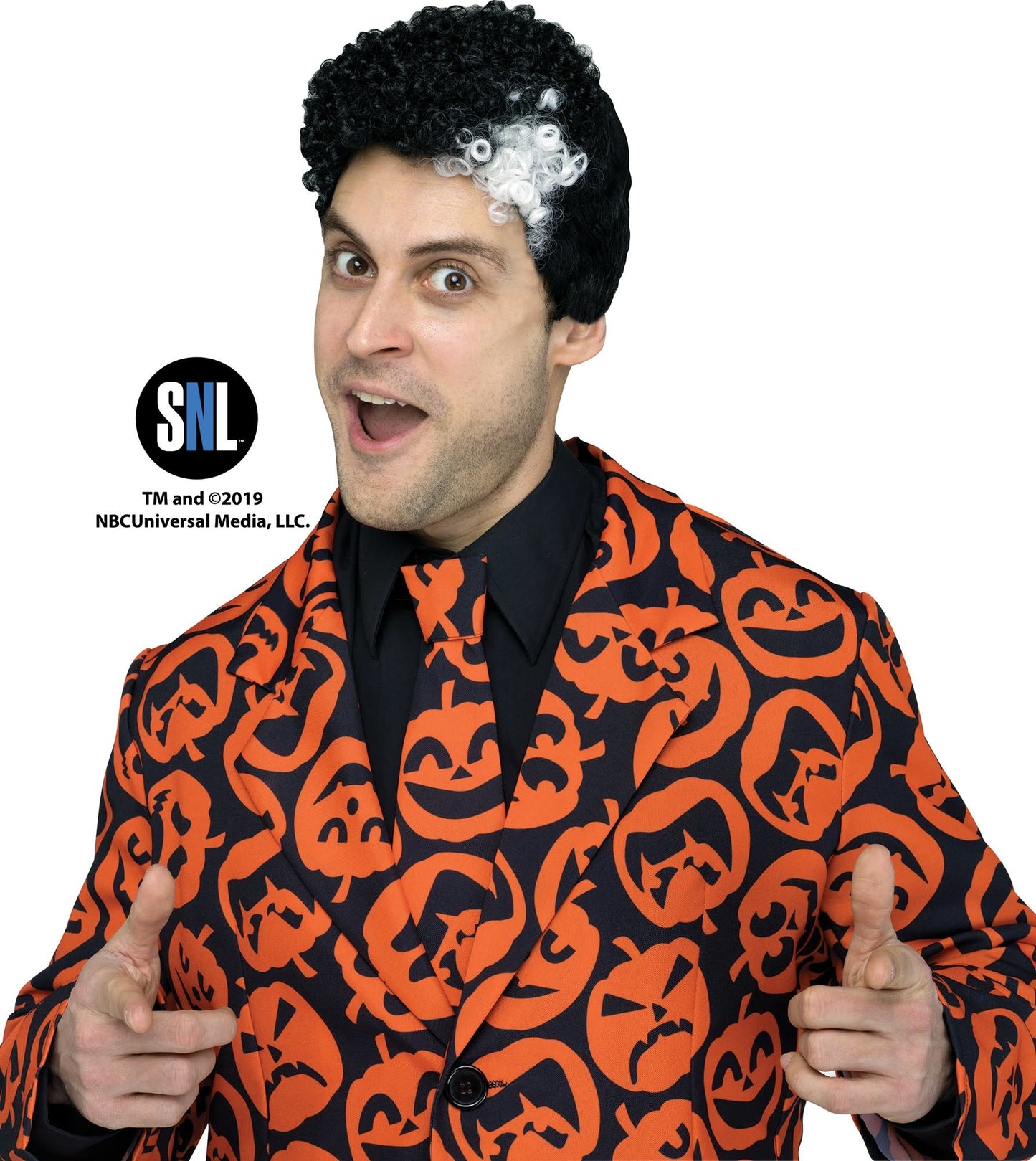 A man dressed up wearing a David S. Pumpkins wig from SNL.