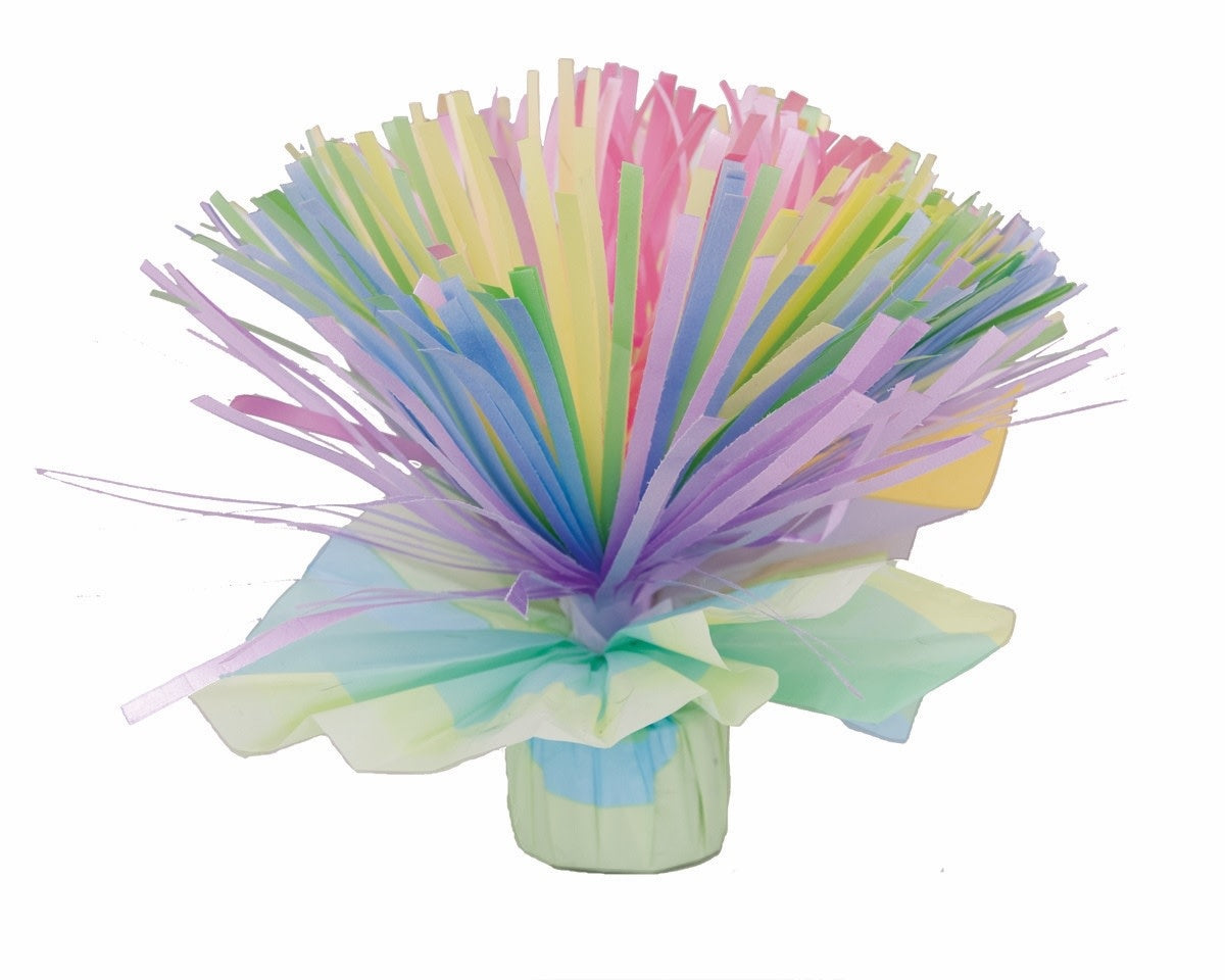 A pastel multi-colored balloon weight centerpiece.