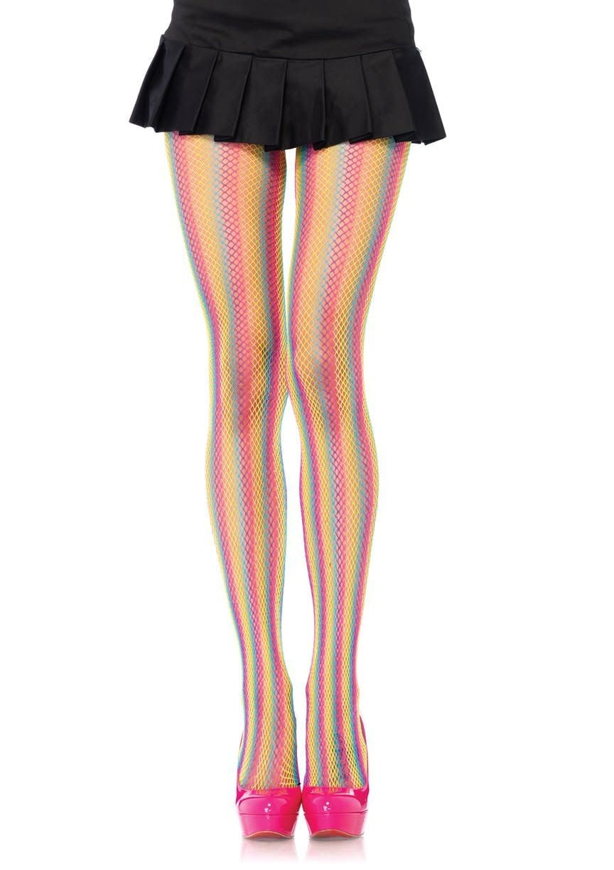 Neon Rainbow Stripped Fishnet Pantyhose - Multicolor