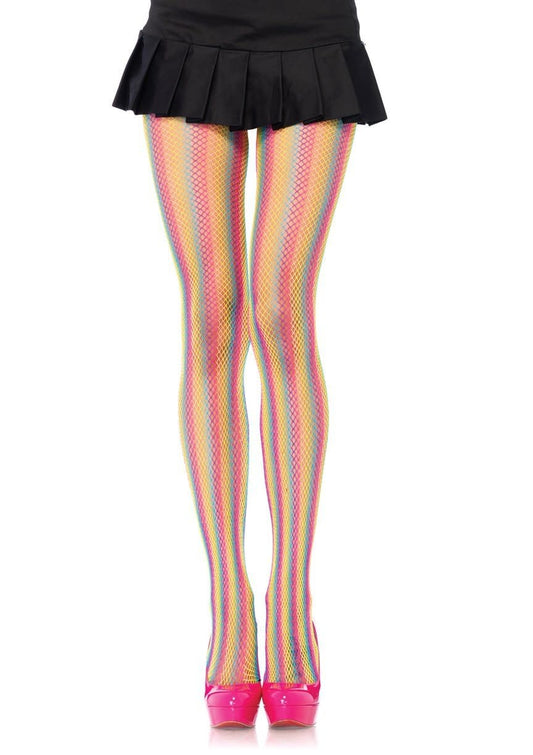 Neon Rainbow Stripped Fishnet Pantyhose - Multicolor