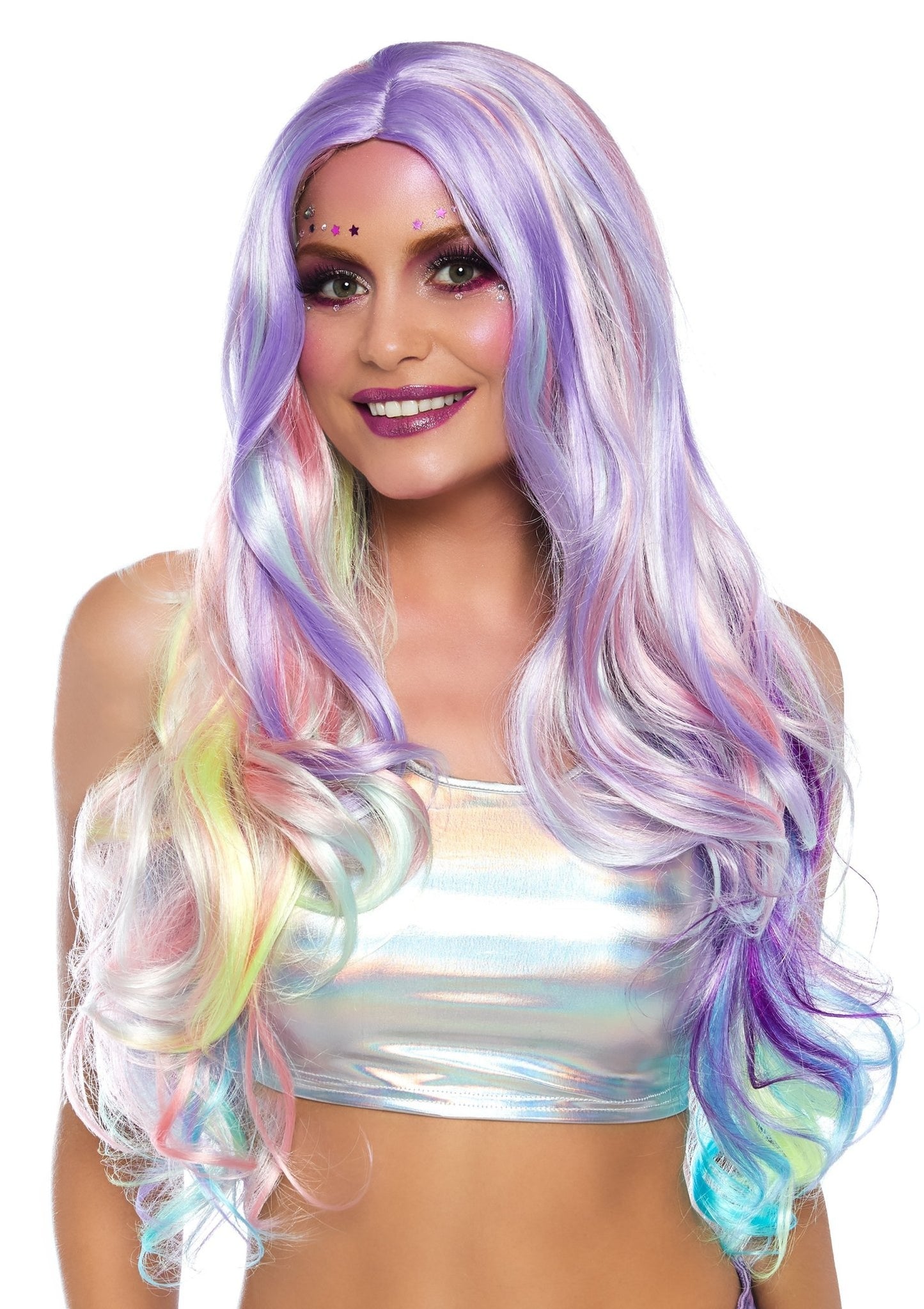 Pastel Rainbow Long Wavy Wig - Multicolor