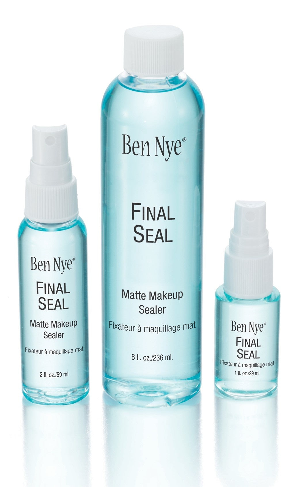 3 different sizes of Ben Nye final seal makeup sealing spray.