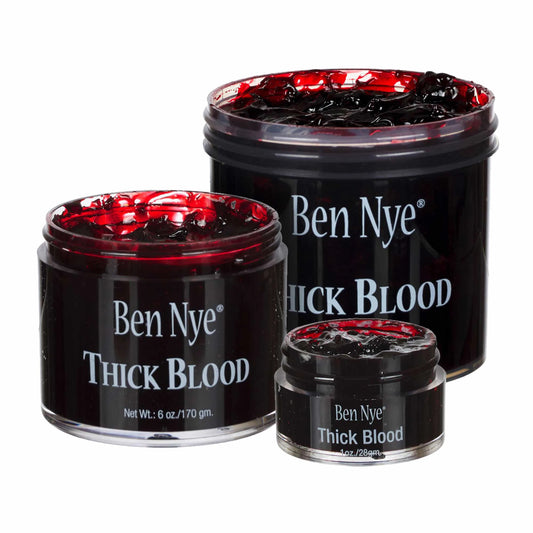 Three different sizes of Ben Nye thick blood professional makeup.