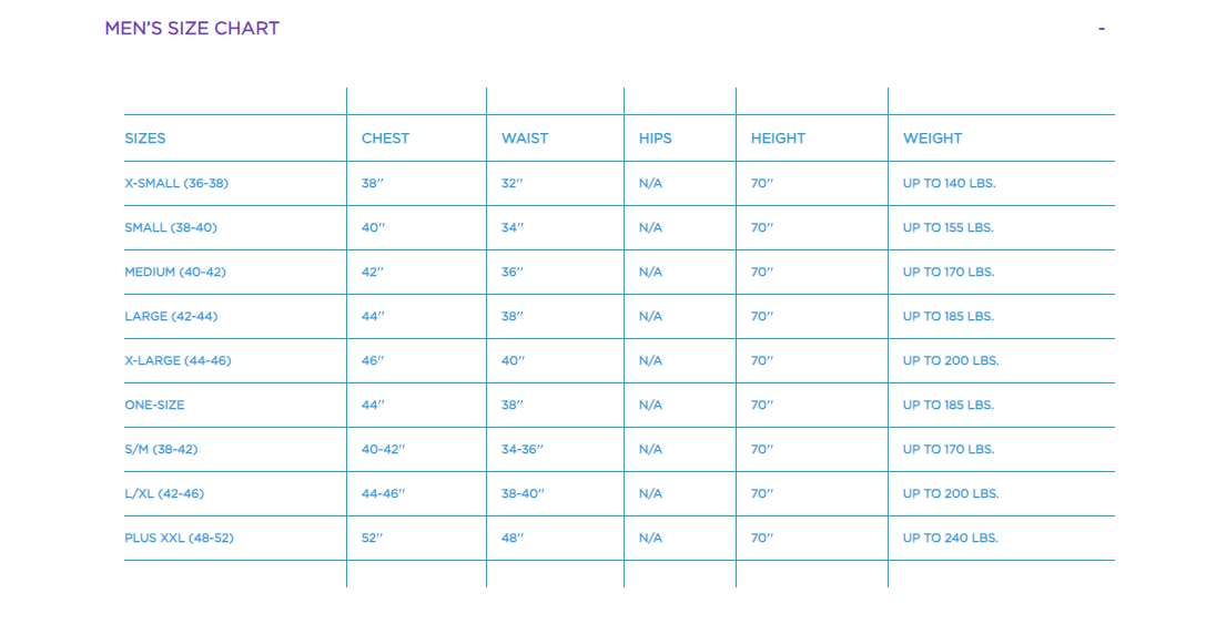 A costume size chart.