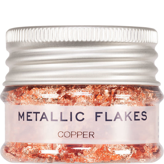 A jar of copper metallic flakes.