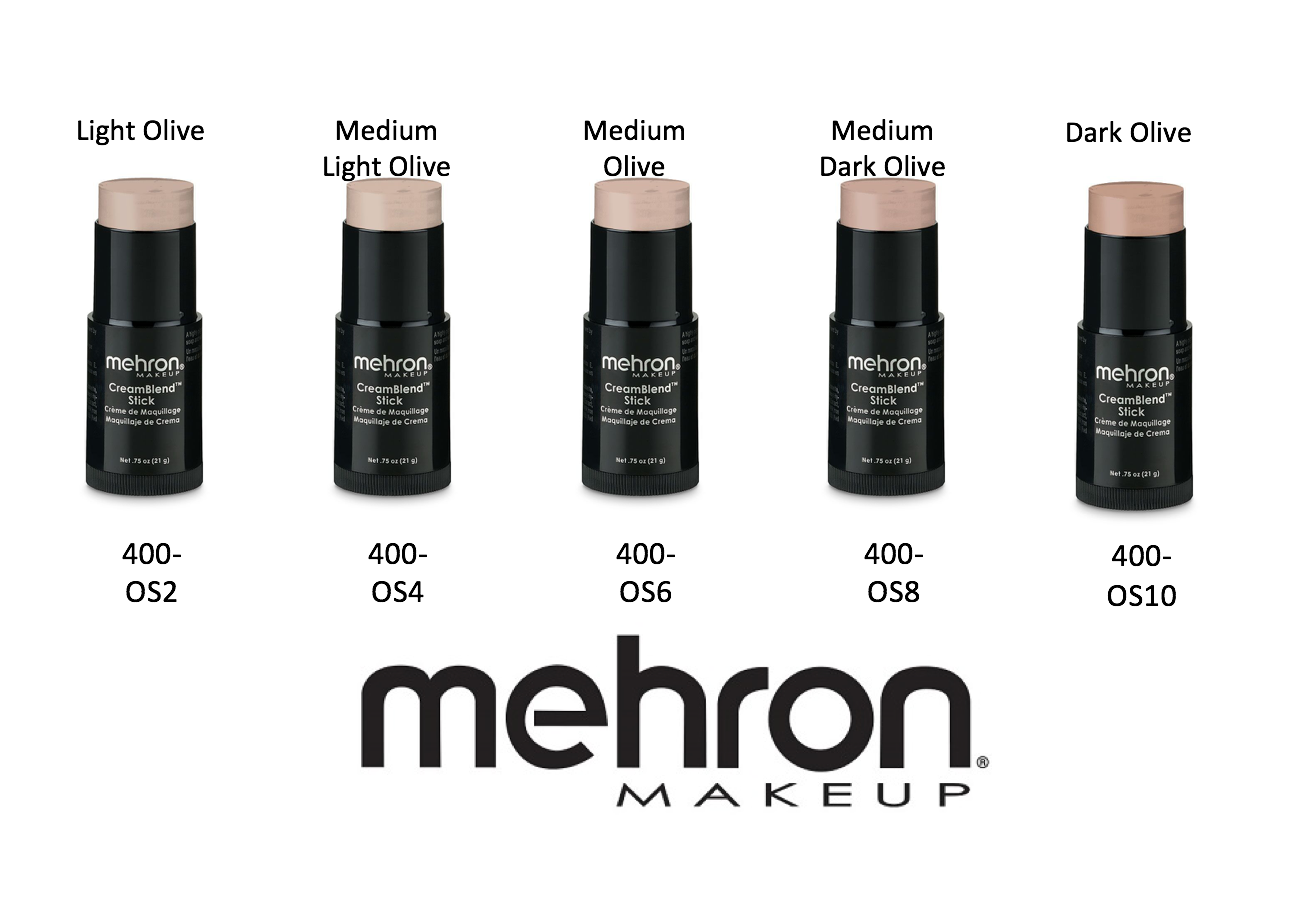 Mehron Cream blend stick in light olive, medium light olive, medium olive, medium dark olive, and dark olive shades.