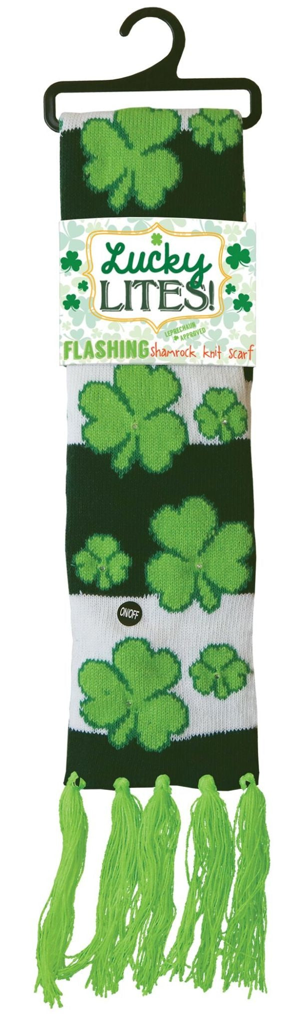 A green, black, and white St. Patrick's Day light up scarf from lucky lights.