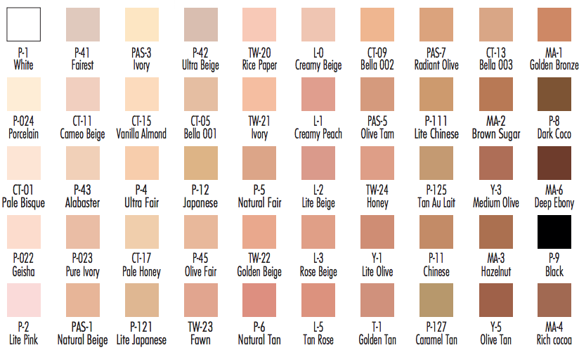 All the shades of Ben Nye Creme Foundation.