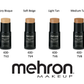 Mehron Cream blend stick in ivory bisque, soft beige, light tan, and medium tan shades.