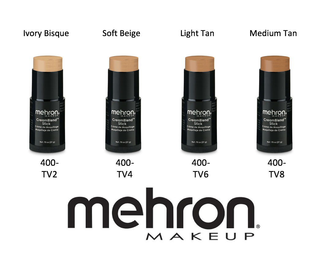 Mehron Cream blend stick in ivory bisque, soft beige, light tan, and medium tan shades.